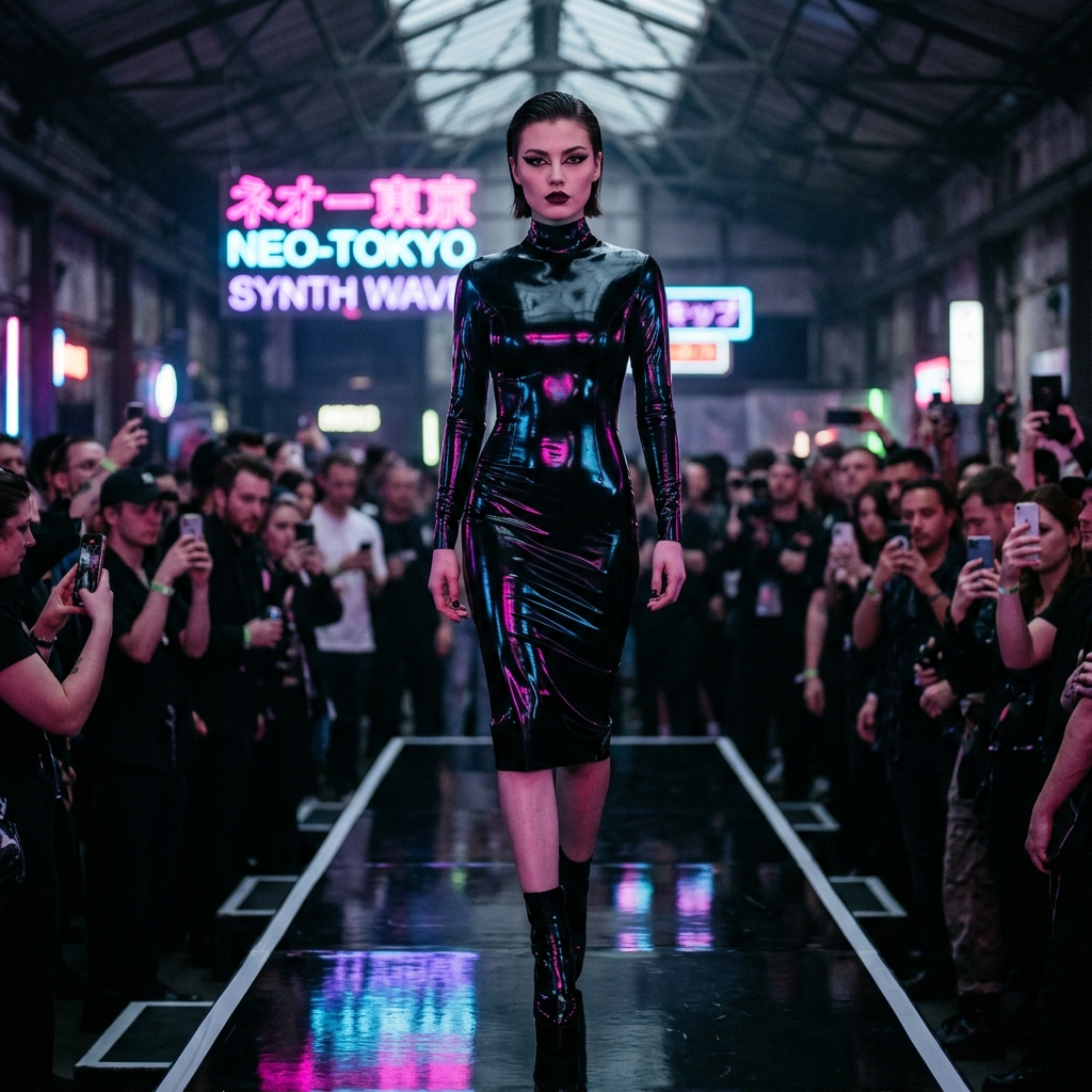 Form-fitting black latex couture in mood lighting.